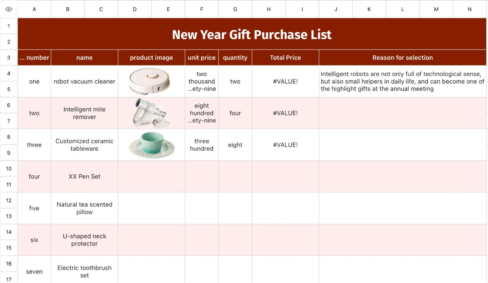 New Year Gift Purchase List